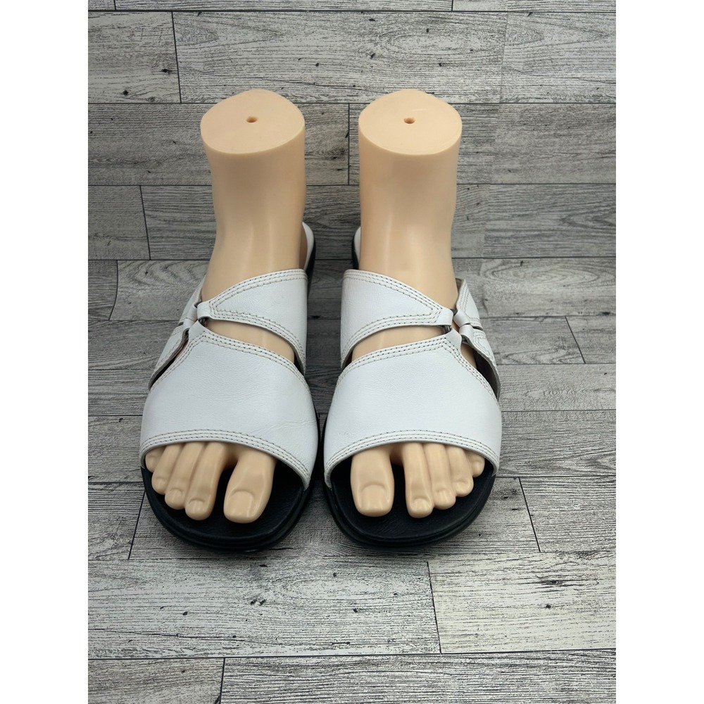 Clarks White Leather Slide Wedge Sandals Women Size 9.5 Comfort Slip‎ On Shoes